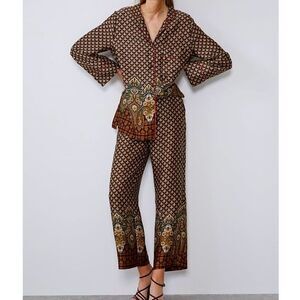 Zara Set 2 Piece Pants & Shirt Silky Matching Print Flowy Size S